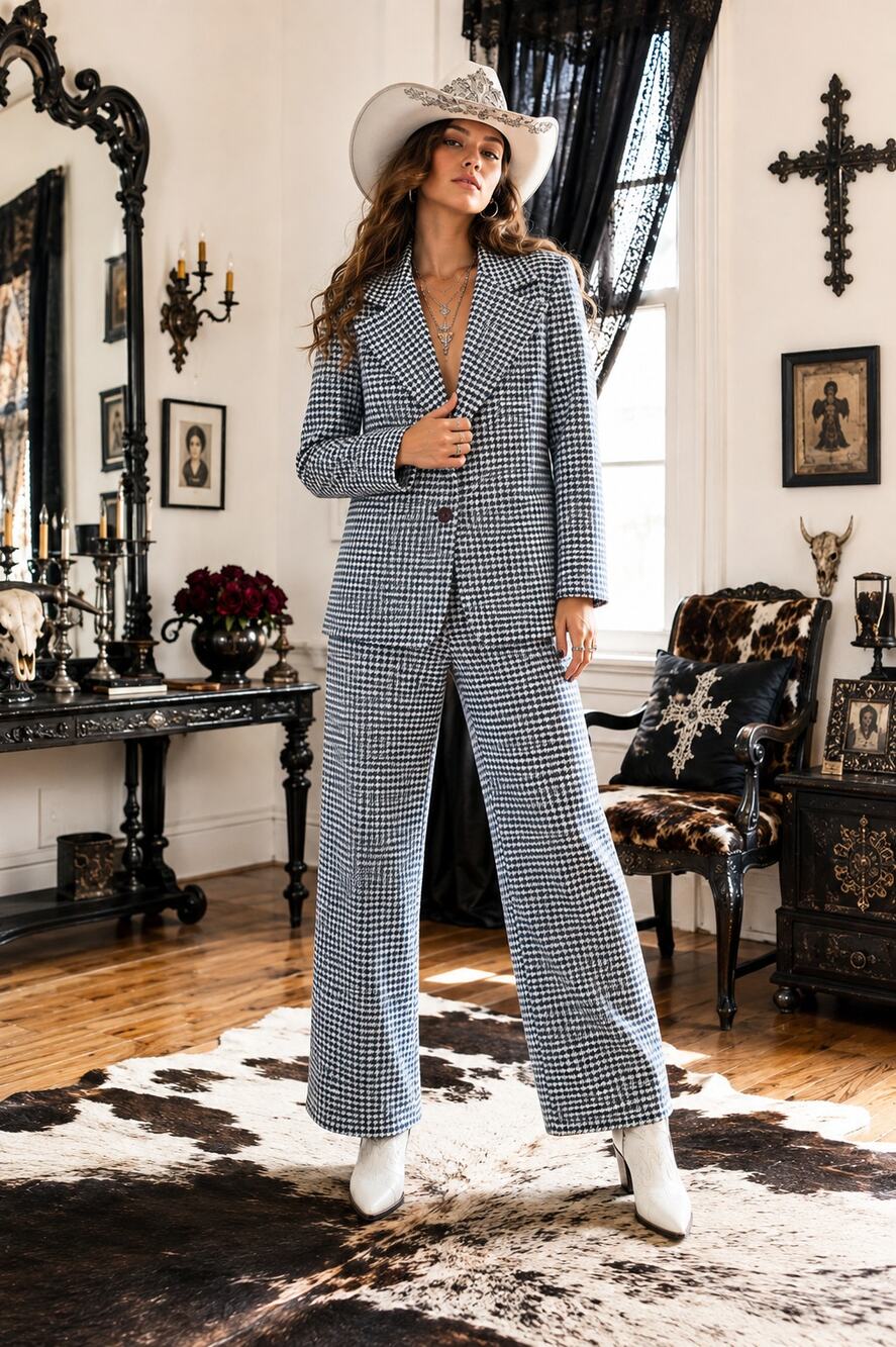 VTG 70s Cape Cod Match Mates Houndstooth Pant Suit Set Green White